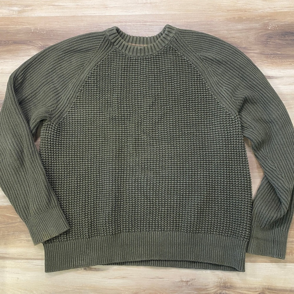 Banana Republic Waffle Knit Sweater XL Crewneck Cotton Raglan Olive Green